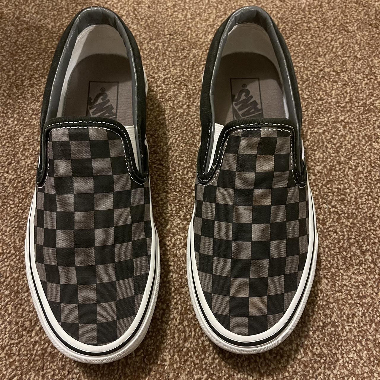 Vans black and grey checkerboard slip-ons Slight... - Depop