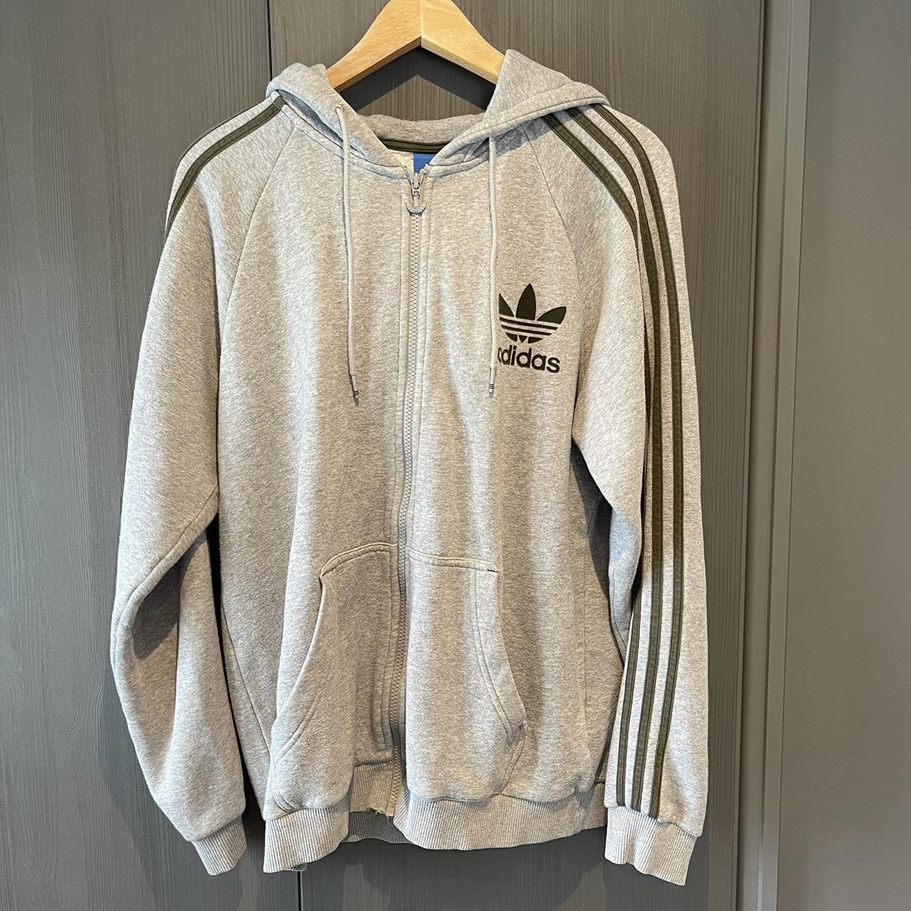 Adidas Grey and Khaki Zip up Hoodie Good... - Depop