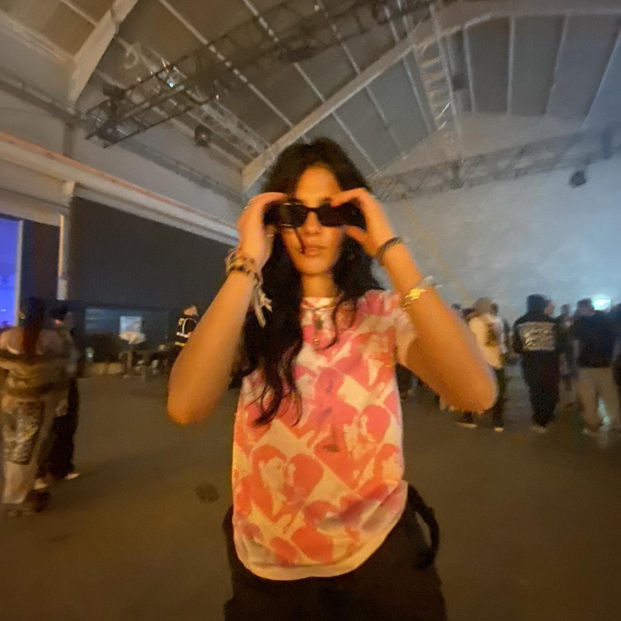 Florescent Pink “Kiss” print on white baby tee 🔫... Depop