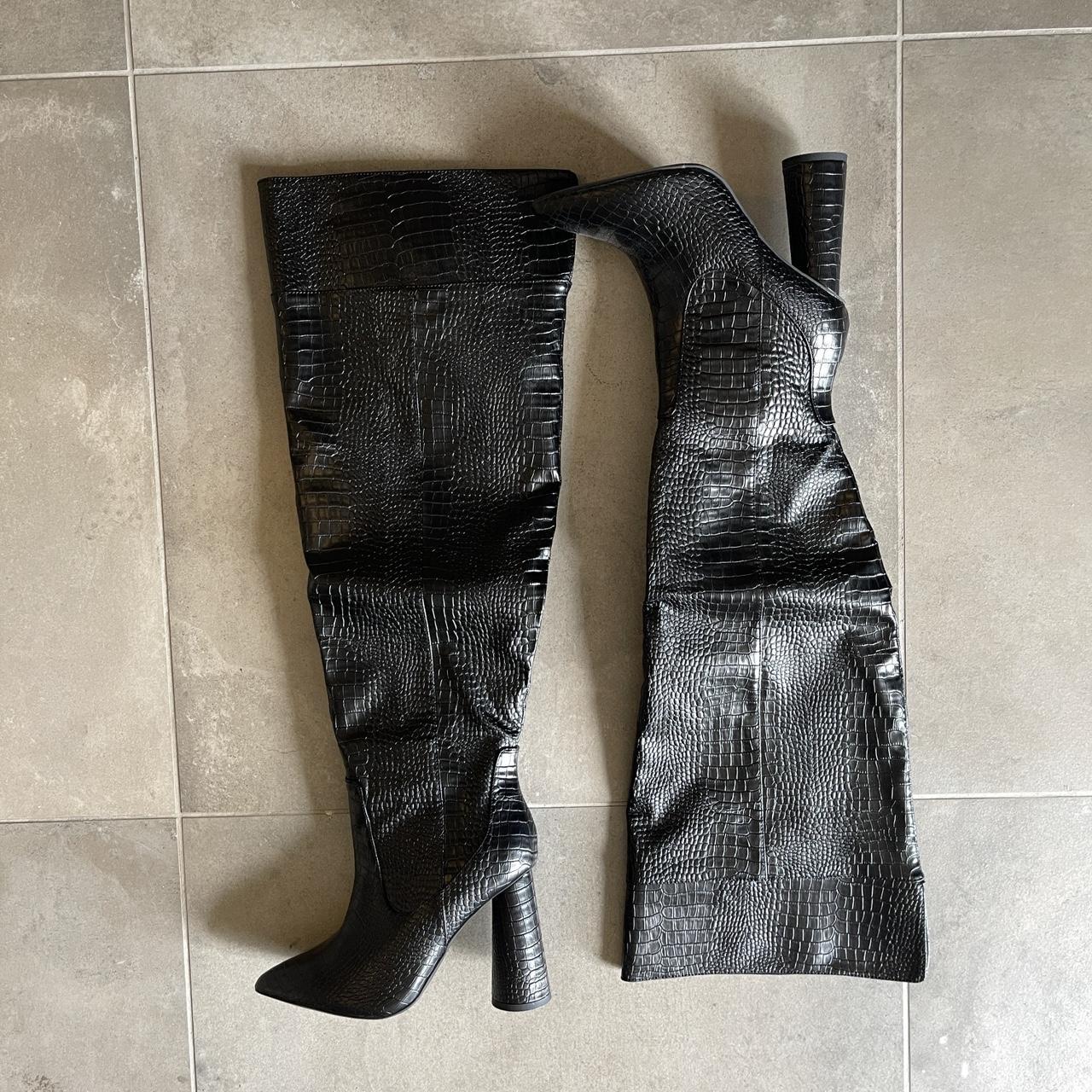 faux snakeskin knee high boots