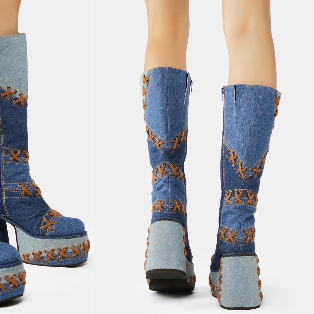 Dolls Kill Women's Blue and Tan Boots Depop