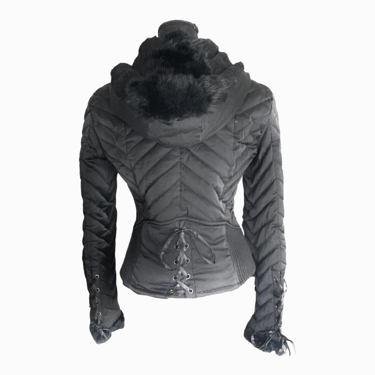 vintage bebe black corset puffer coat features a fur... Depop