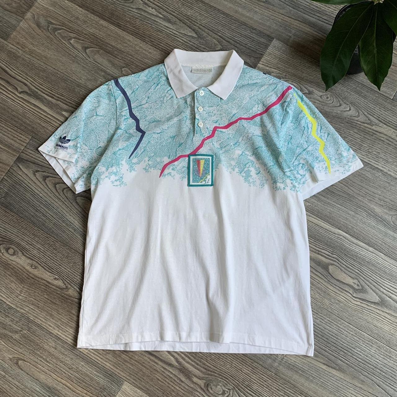 ADIDAS VINTAGE MULTICOLOUR ART POLO SHIRT 90’S... - Depop