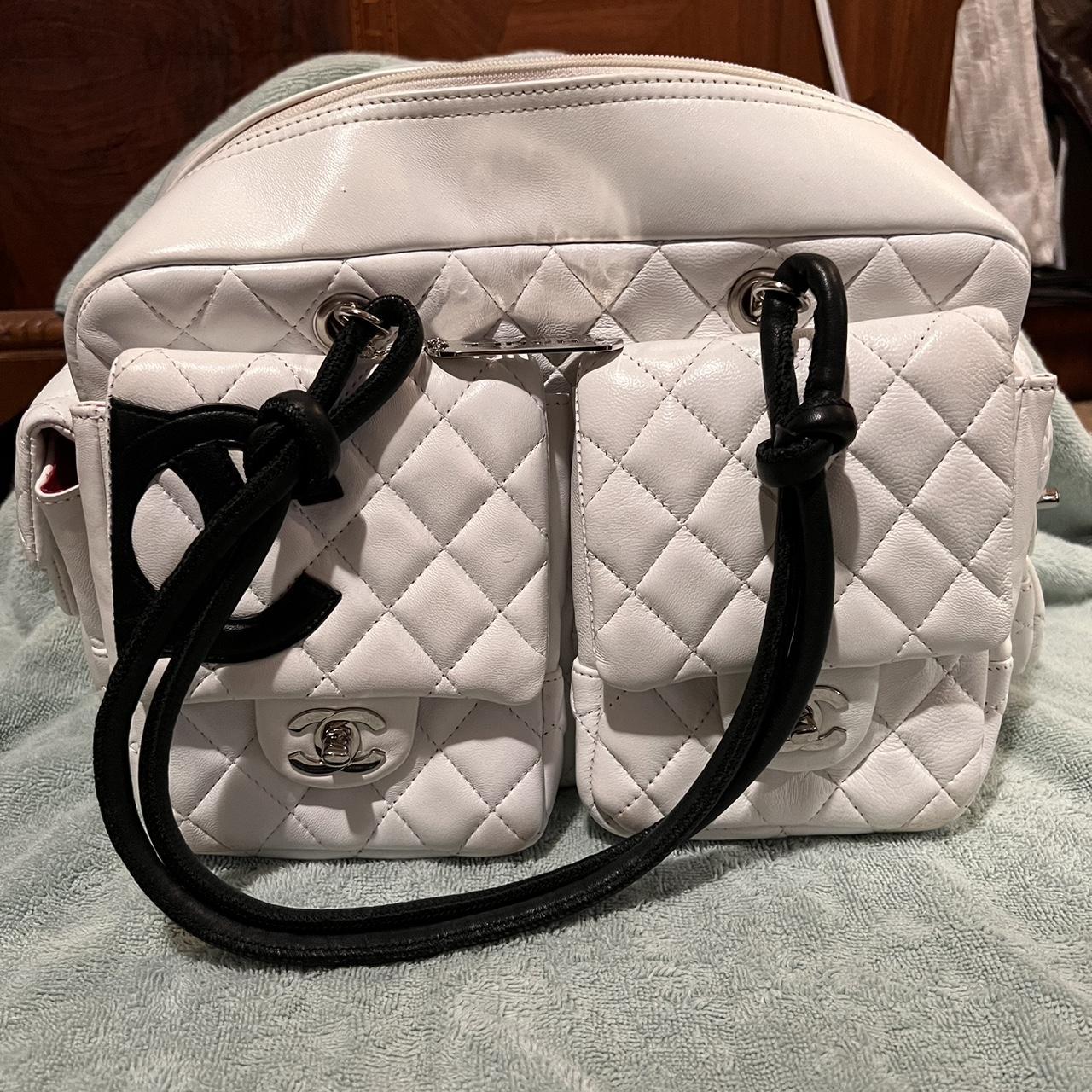 Large Chanel Handbag - Black & White with dog tag - Depop