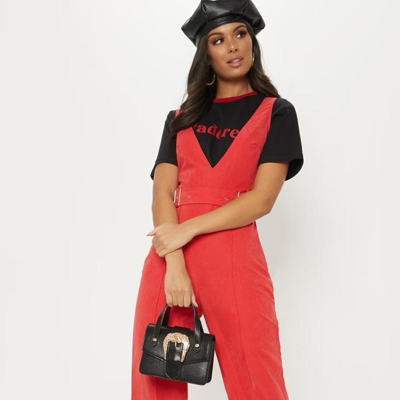 Pretty Little Thing Red Soft Touch Beted Wide Leg... Depop