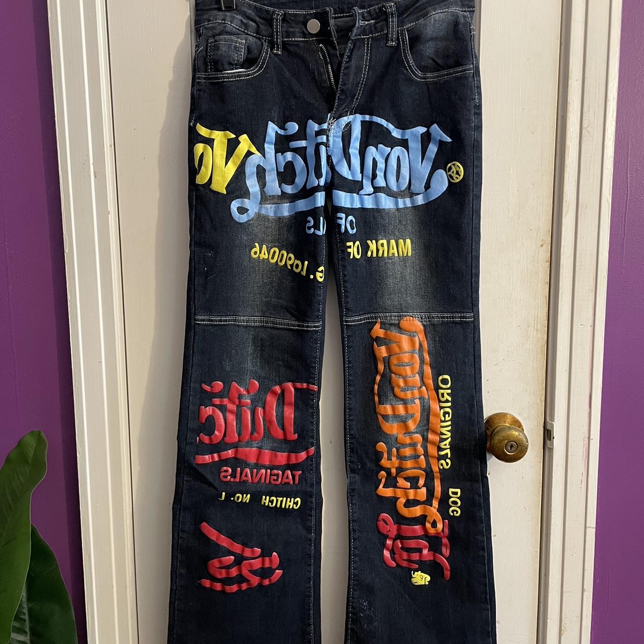 Von Dutch Women's Navy and Yellow Jeans | Depop