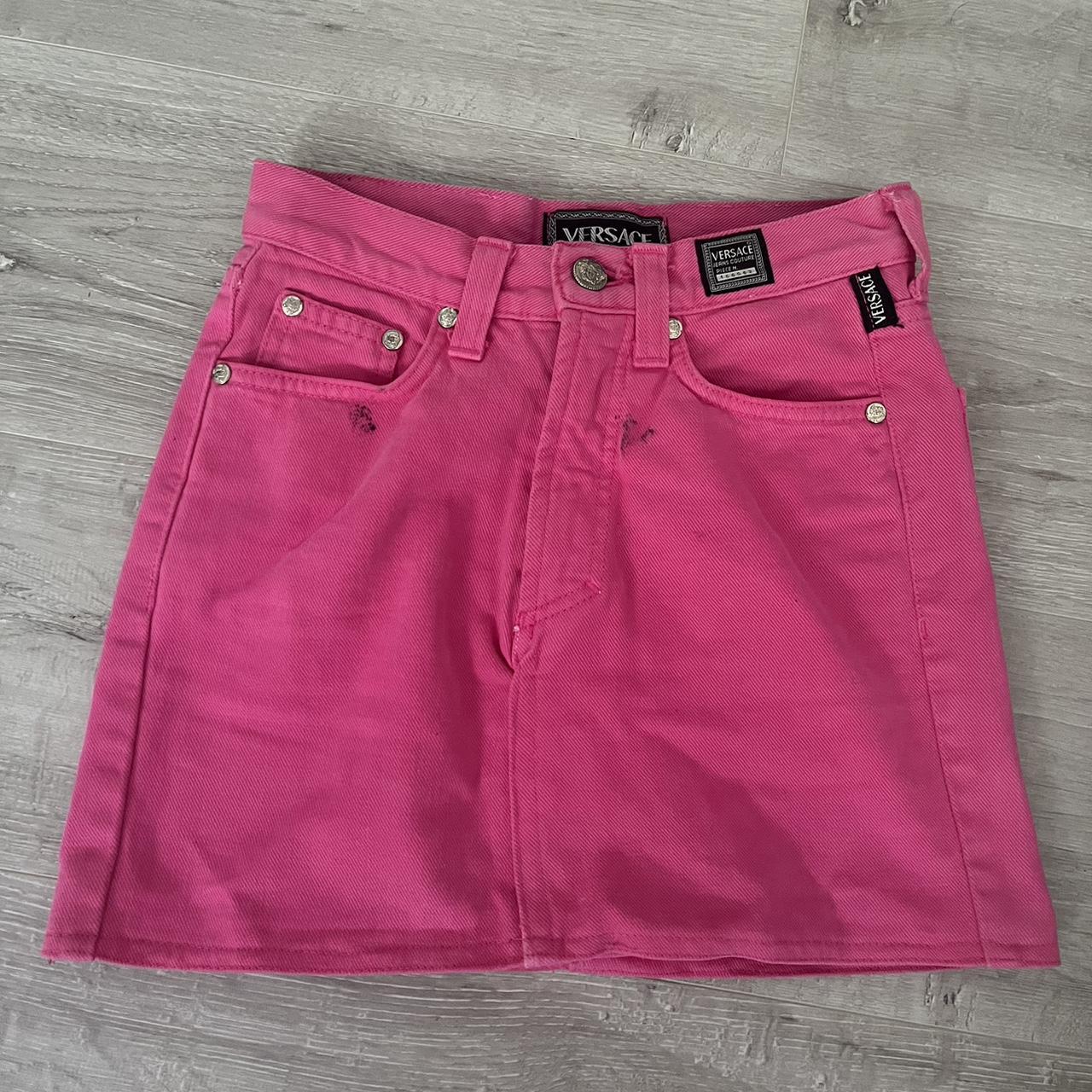 hot pink versace denim mini skirt 24 waist would... - Depop