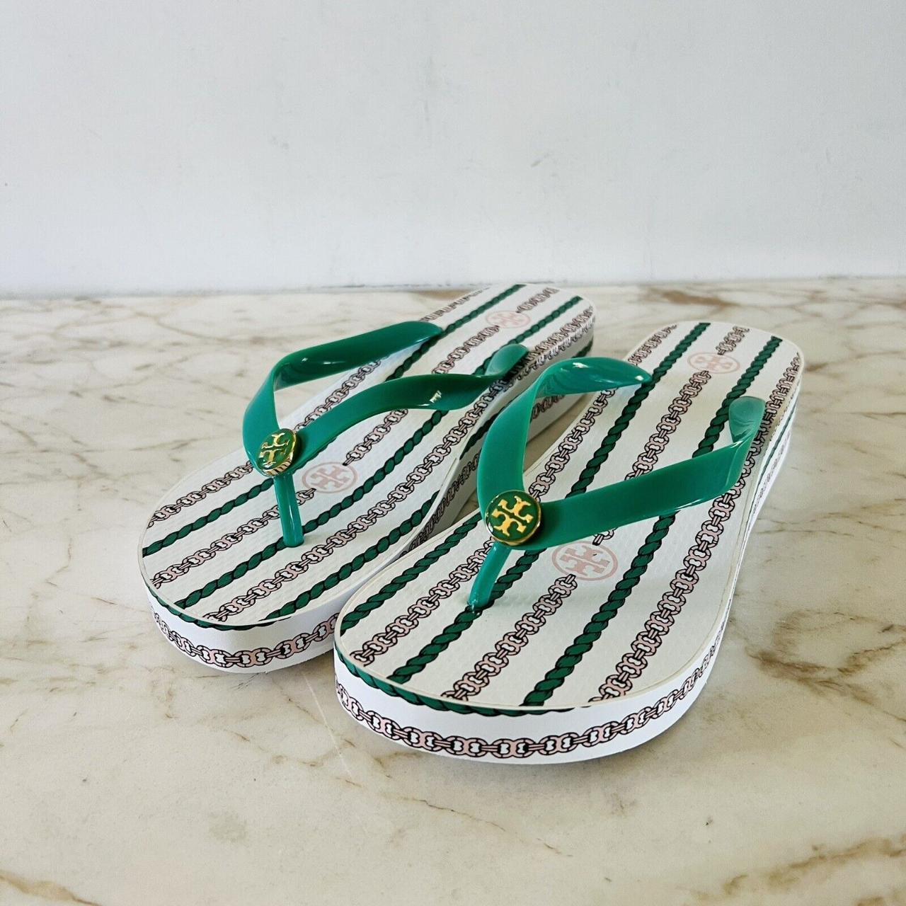 Tory Burch Women's White and Green Flipflops | Depop