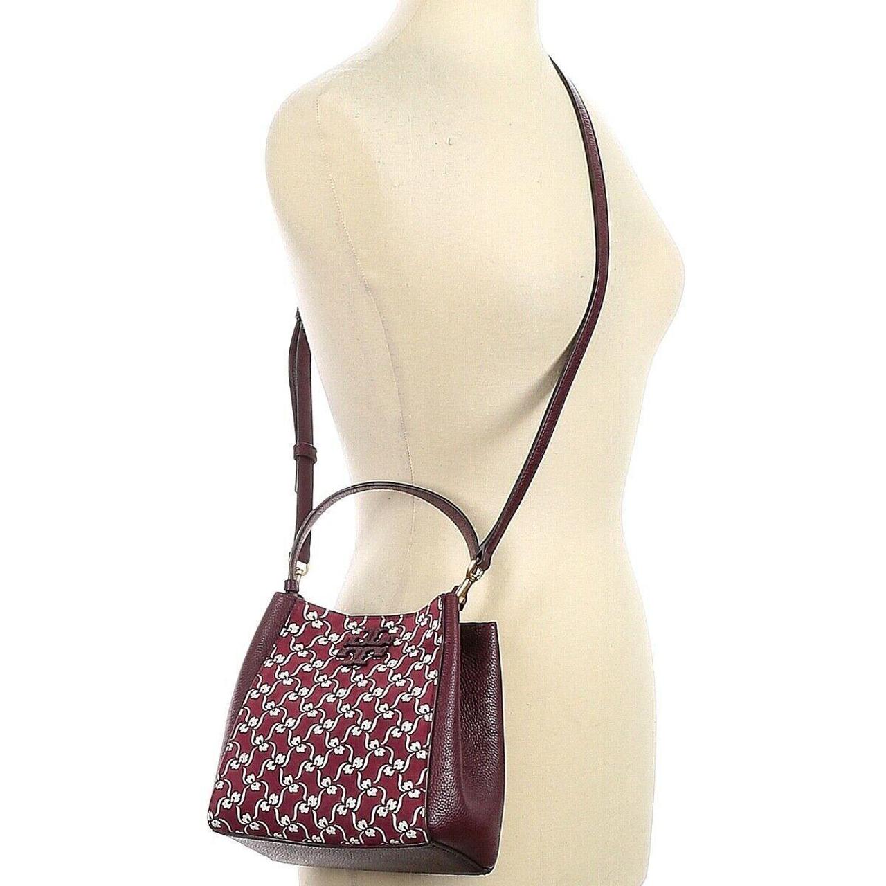 TORY BURCH McGraw Burgundy Leather High Frequency Small Bucket popular Crossbody Bag