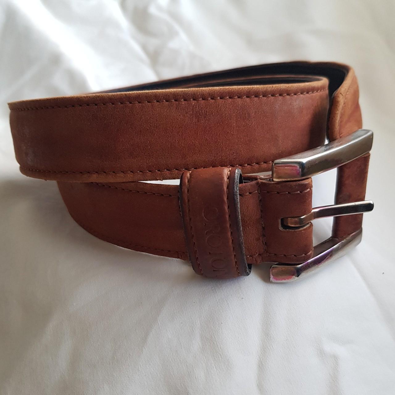 Brown cow hide leather Oroton belt. Size small-... - Depop