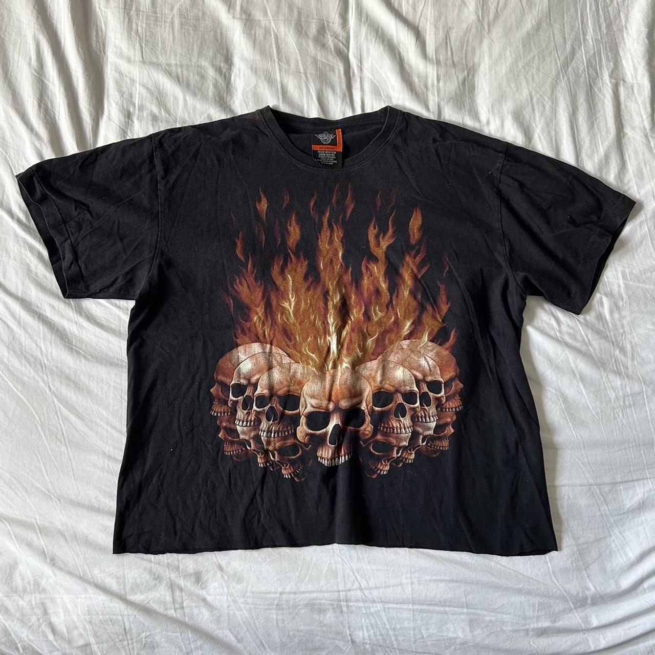 VINTAGE ROCK EAGLE FLAMING SKULLS TEE DOUBLE SIDED... - Depop