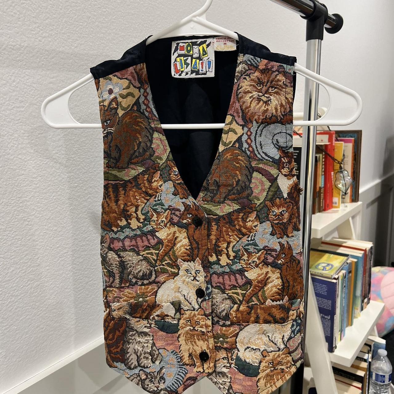 vintage mona lisa cat print vest adjustable back... Depop