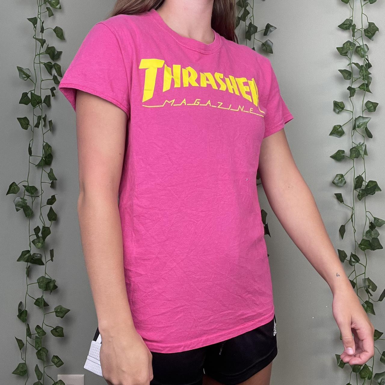 Pink and yellow thrasher t shirt sale