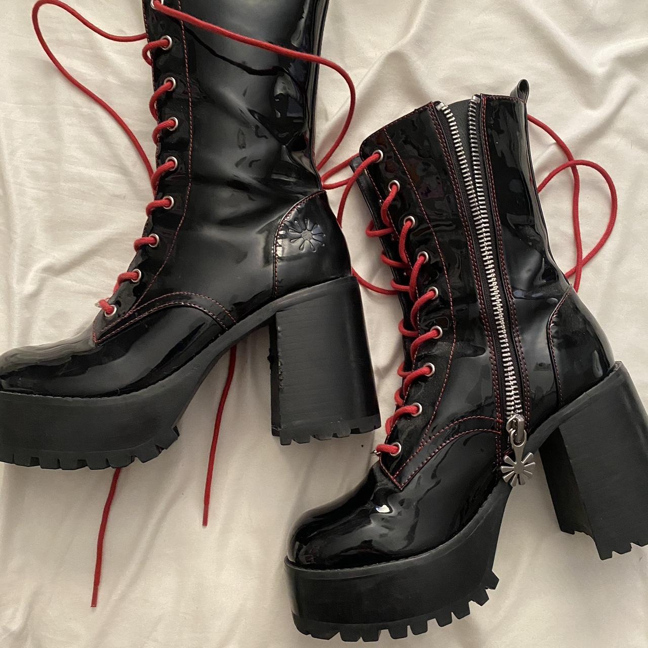 Dolls Kill Women's Black and Red Boots | Depop