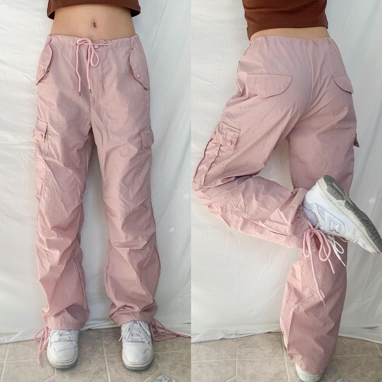 Baggy Pink Mid Rise Cargo Parachute Pants Wide Leg... - Depop