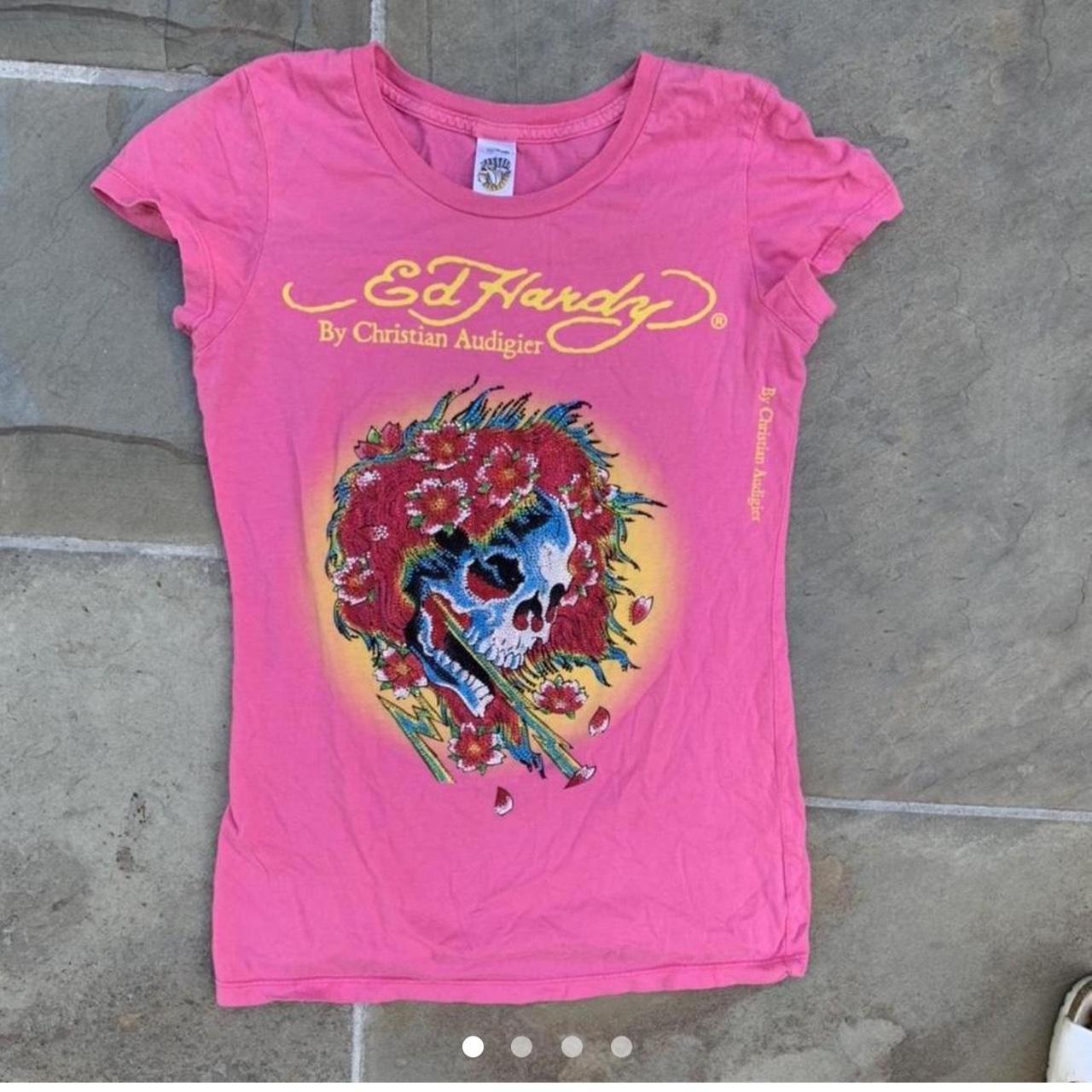 Ed Hardy Women's Pink and Yellow Shirt | Depop