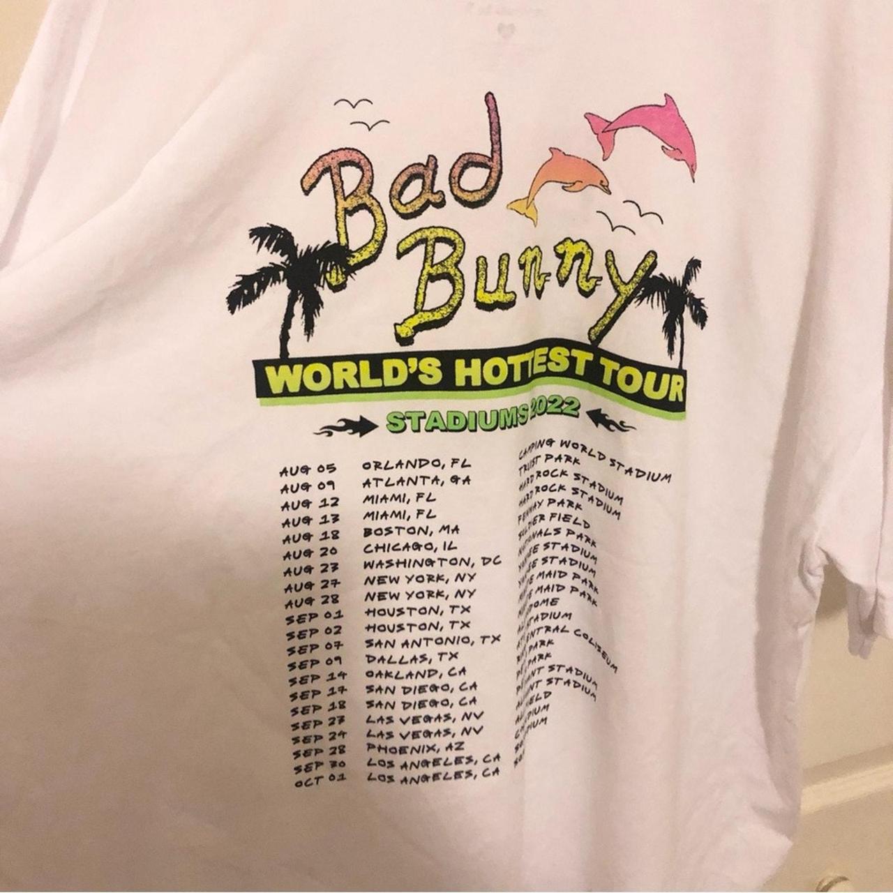 NWOT Bad Bunny Worlds Hottest Tour 2022 on sale T-Shirt Stadium Tour Beach