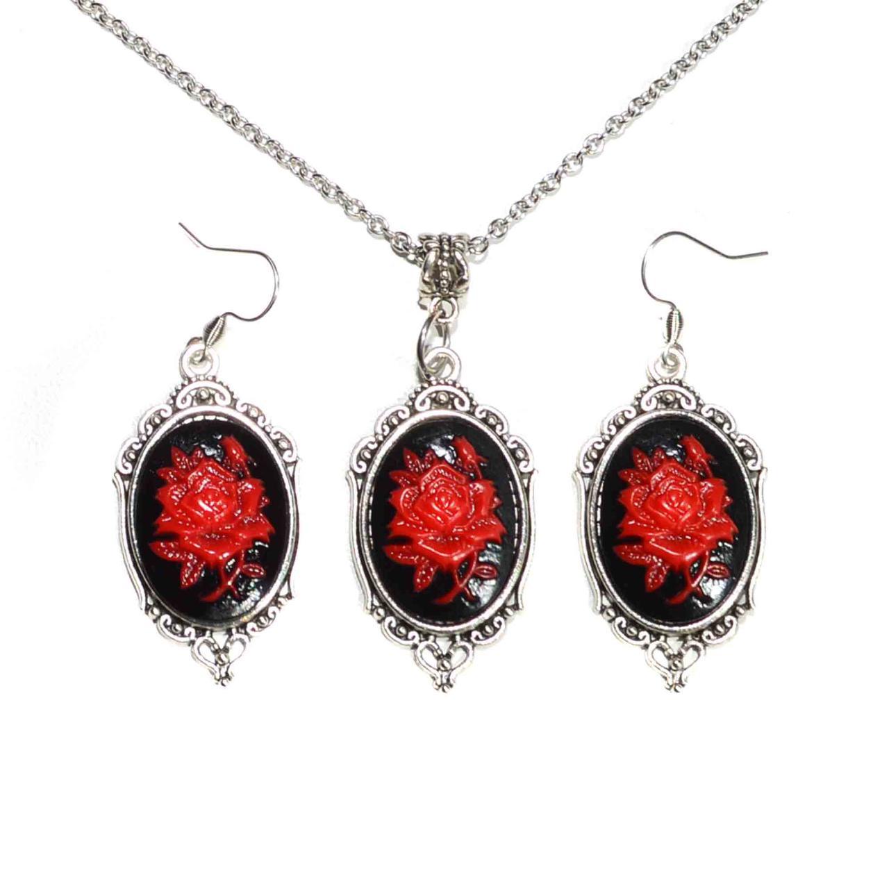 Goth Rose Necklace & Earrings Set red Rose Flower... Depop