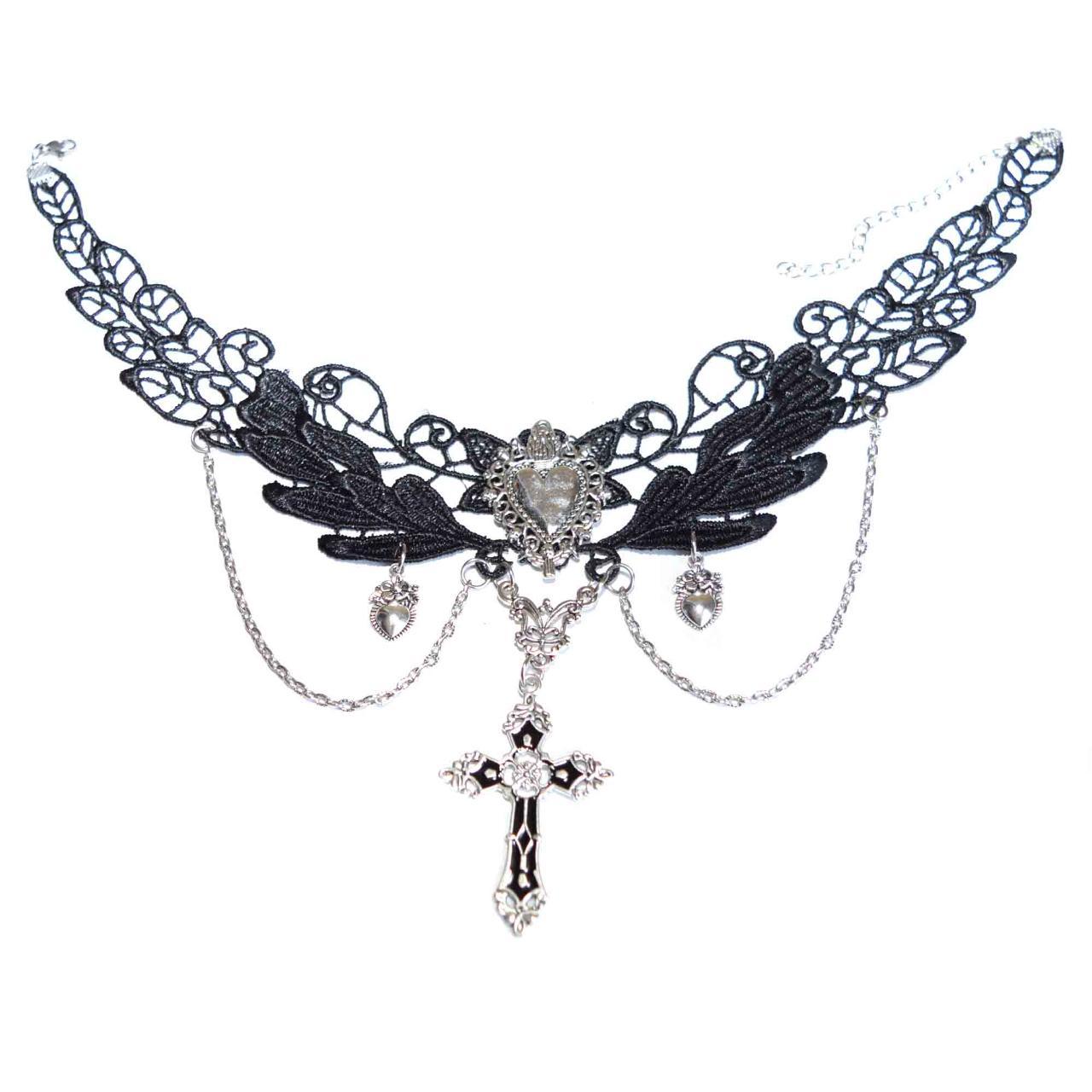 Gothic Black Lace Choker, Heart, Cross Pendant... Depop