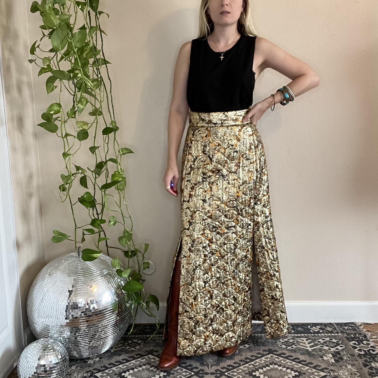 Vintage Quilted Gold Lame Maxi Skirt. Features all. Depop