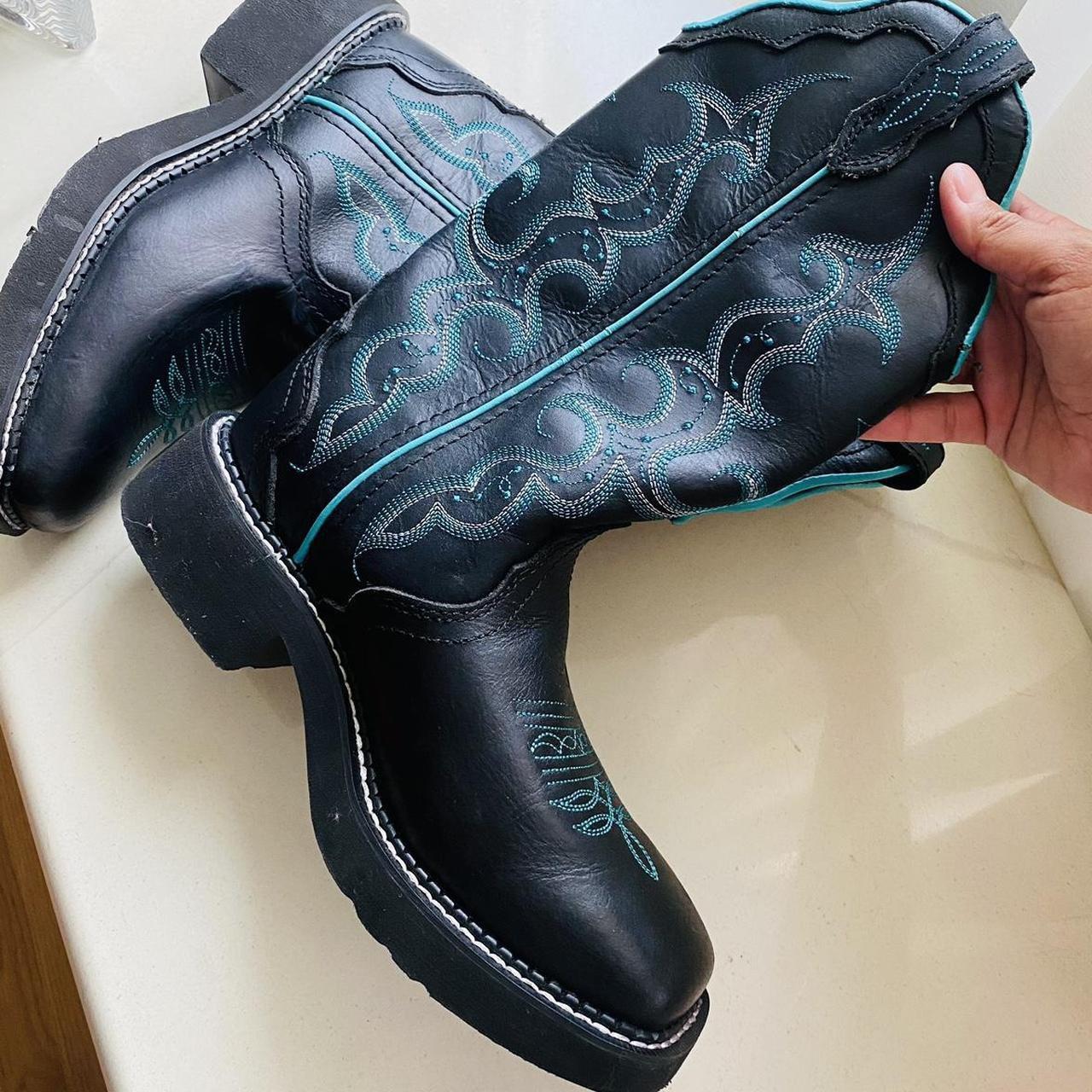 Black and teal square toe cowboy boots slash cowgirl. Depop