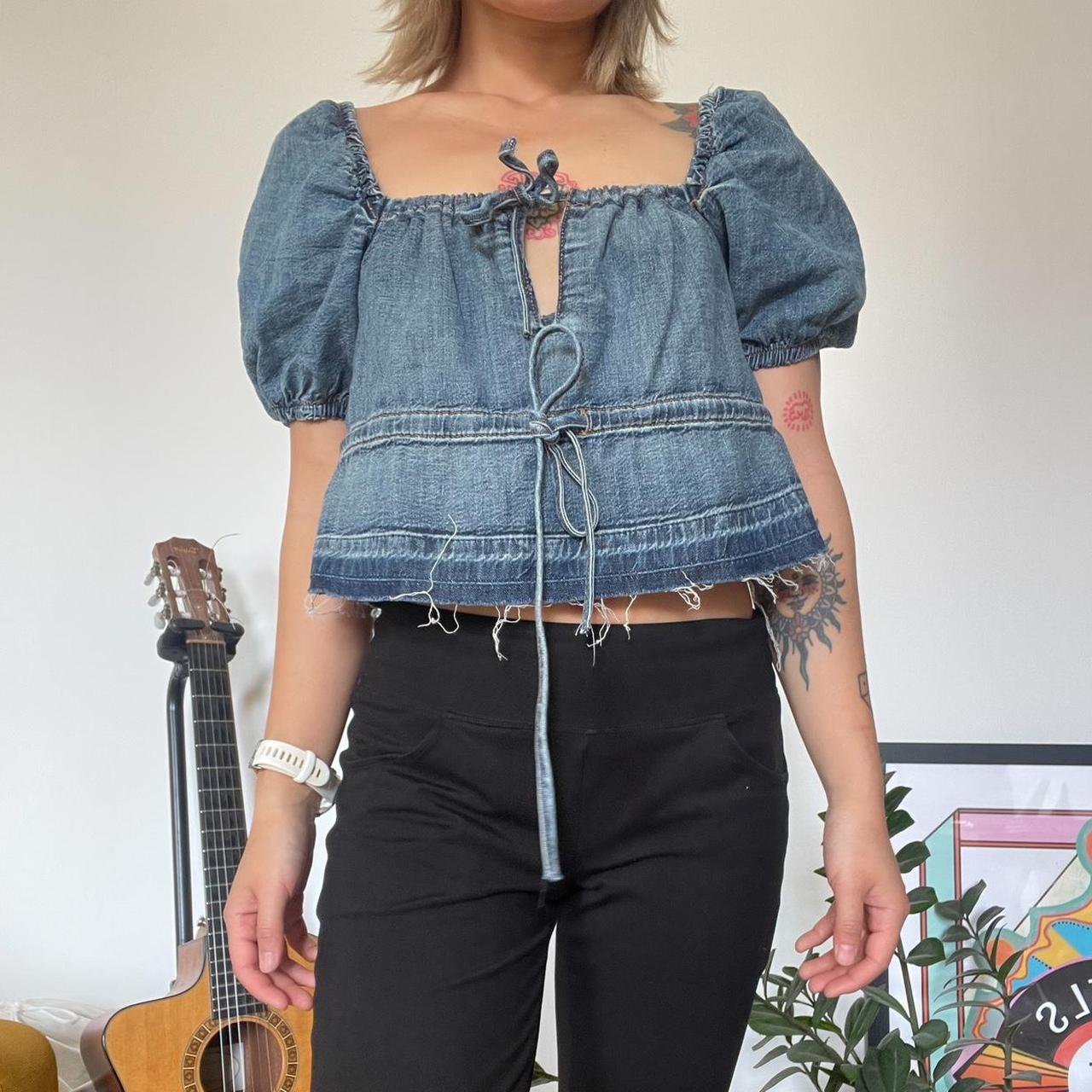Ganni Tint Edge Denim Puff Sleeve Top Size 6 Never worn | Depop