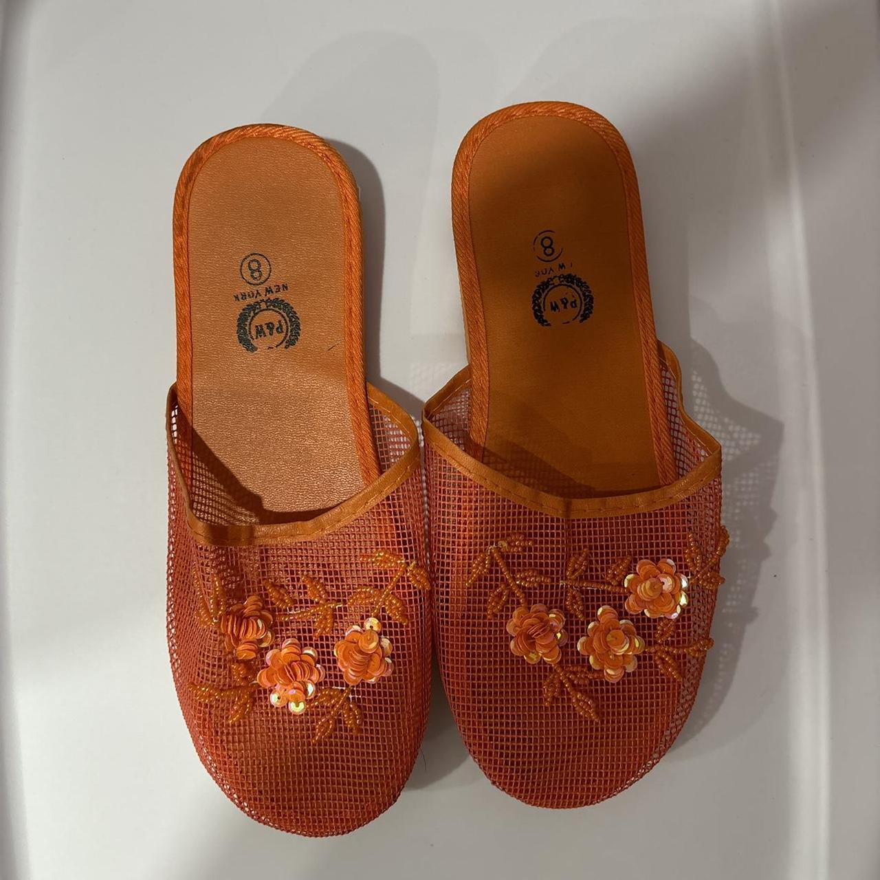 Orange mesh slippers with sequin detail of flowers... - Depop