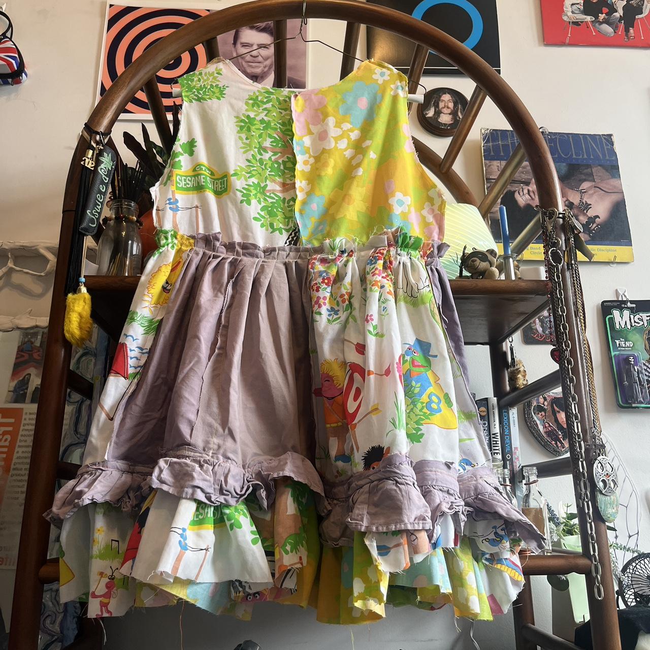 clowncore dress made from recycled sheets... - Depop