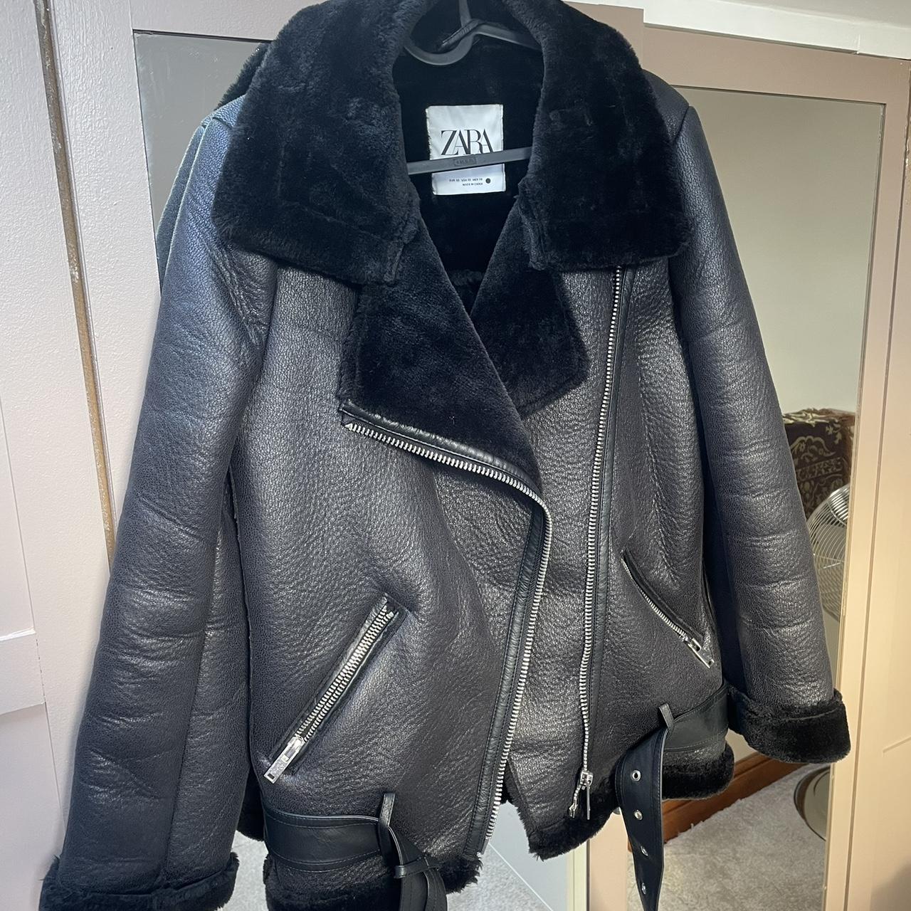 Zara black aviator jacket size XS. Leather material. Depop