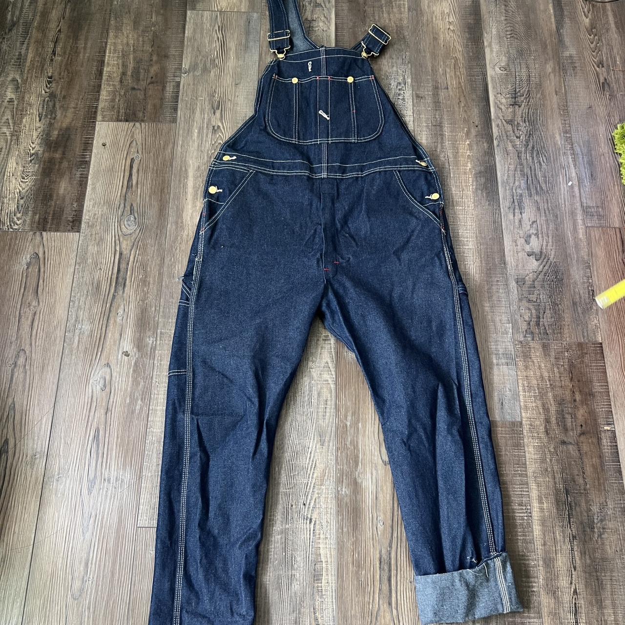 Dickies dark wash denim overalls size Large Fits a... - Depop