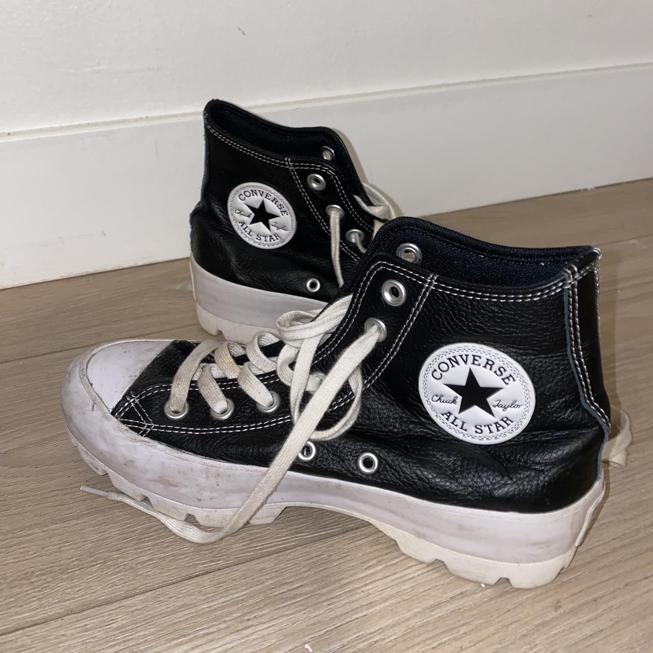 Gently used converse shoes Black leather Size 7 - Depop