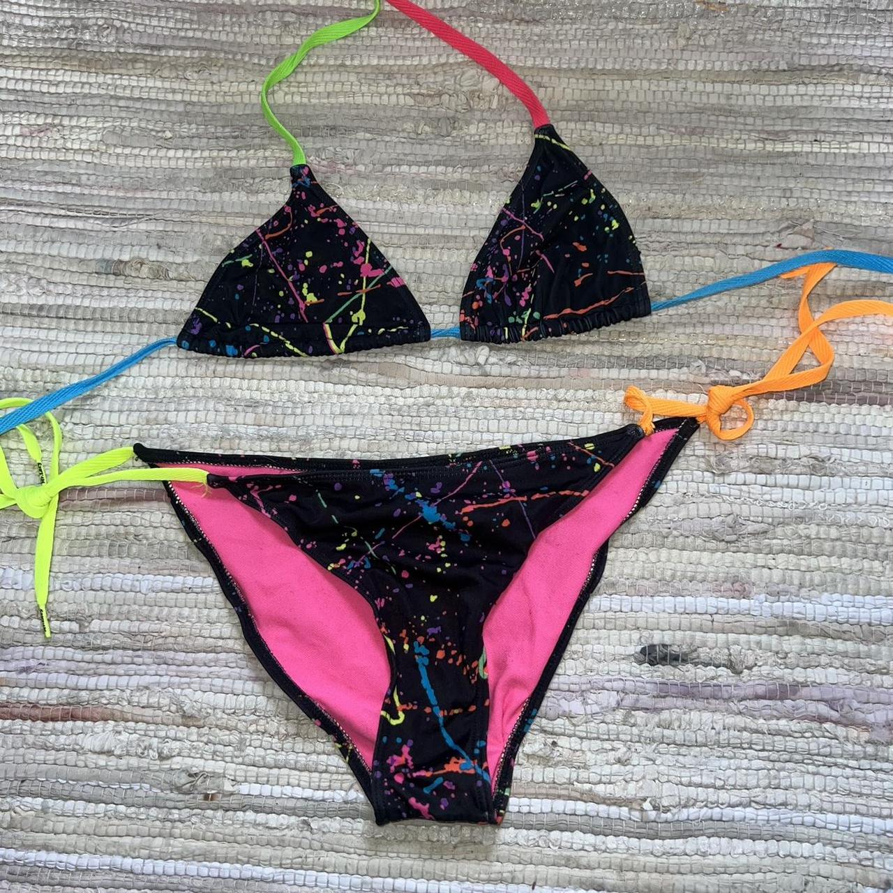 vintage 80s bikini florescent neon paint splatter | Depop