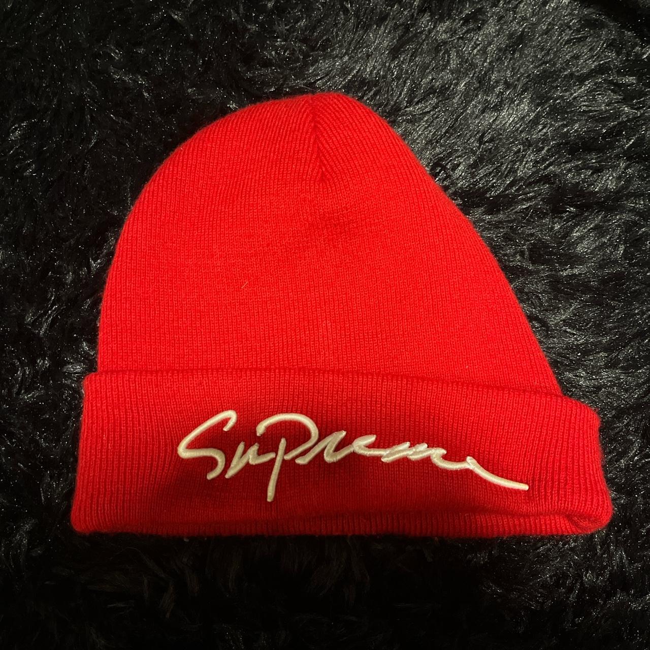 Supreme holographic logo beanie hat. Looks red on - Depop