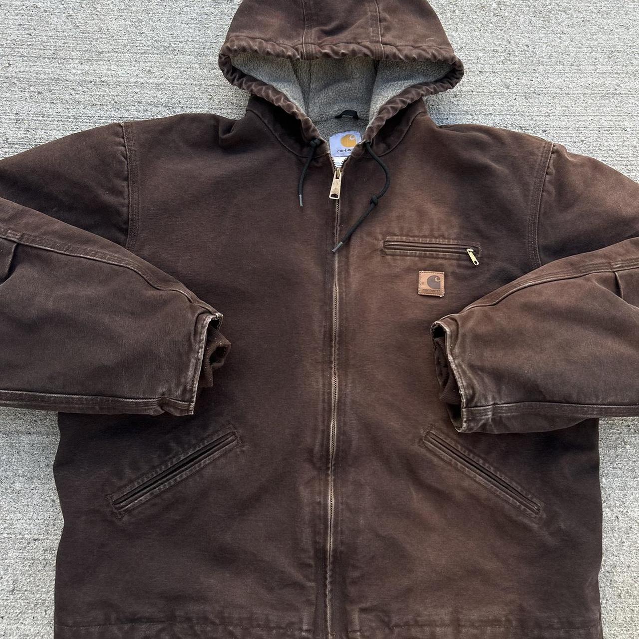 Y2K Carhartt Sherpa lined hooded work jacket brown... - Depop