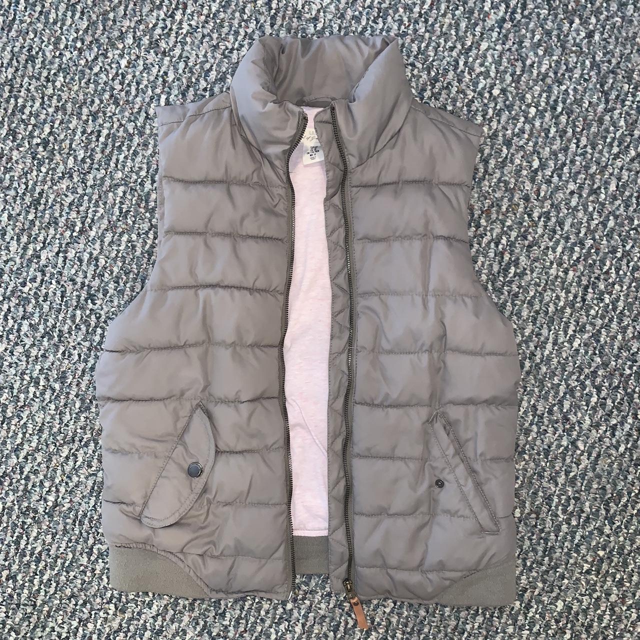 H&M vintage grey/taupe puffer vest with zipper... - Depop