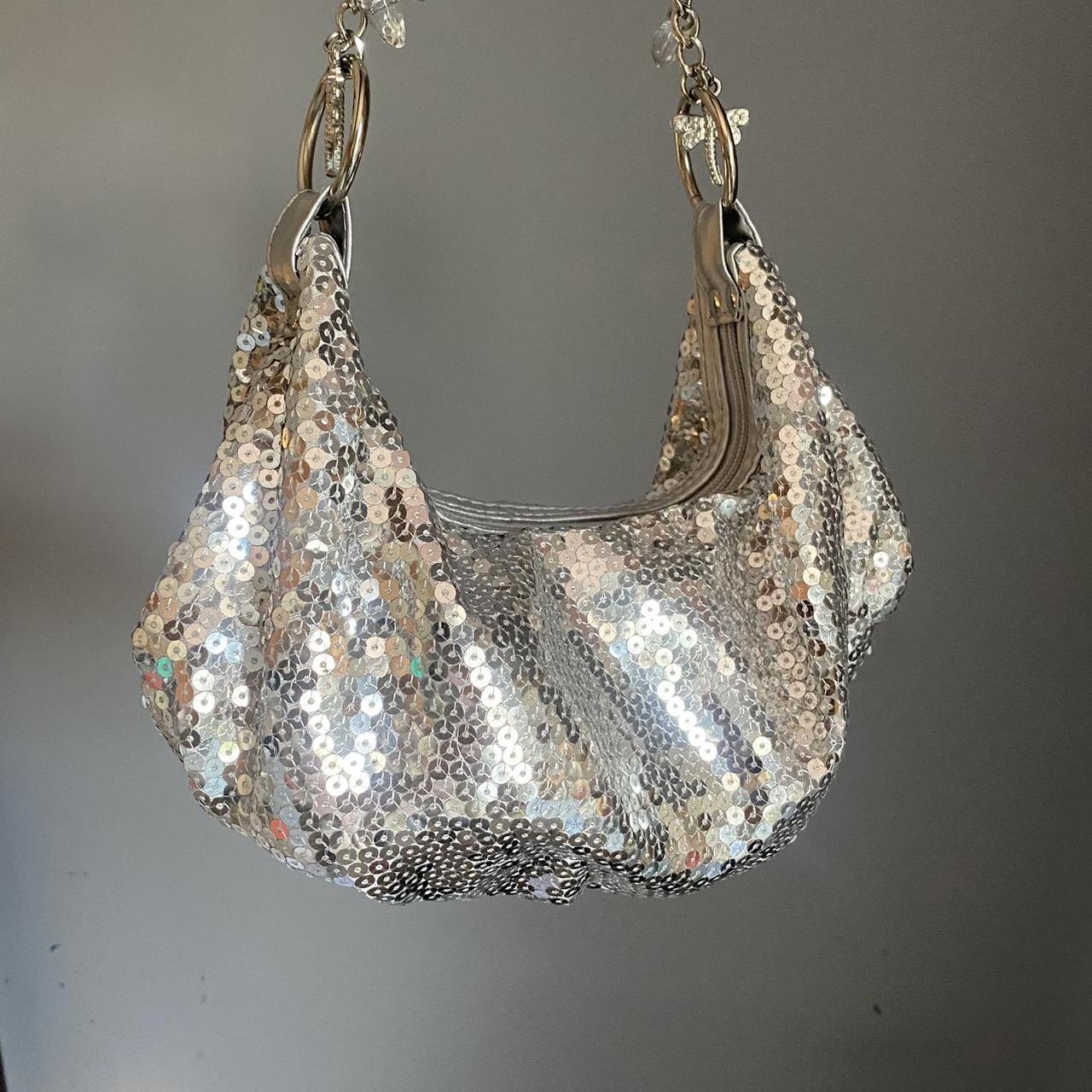 Unreal y2k silver sequin shoulder bag with charms on... Depop