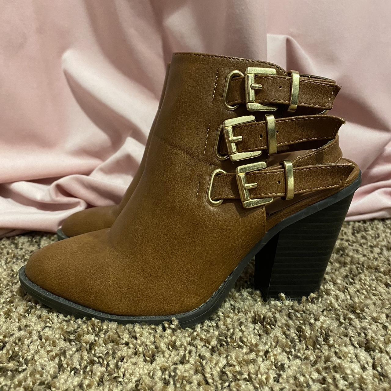 Very cute strapped brown high heeled booties!... - Depop