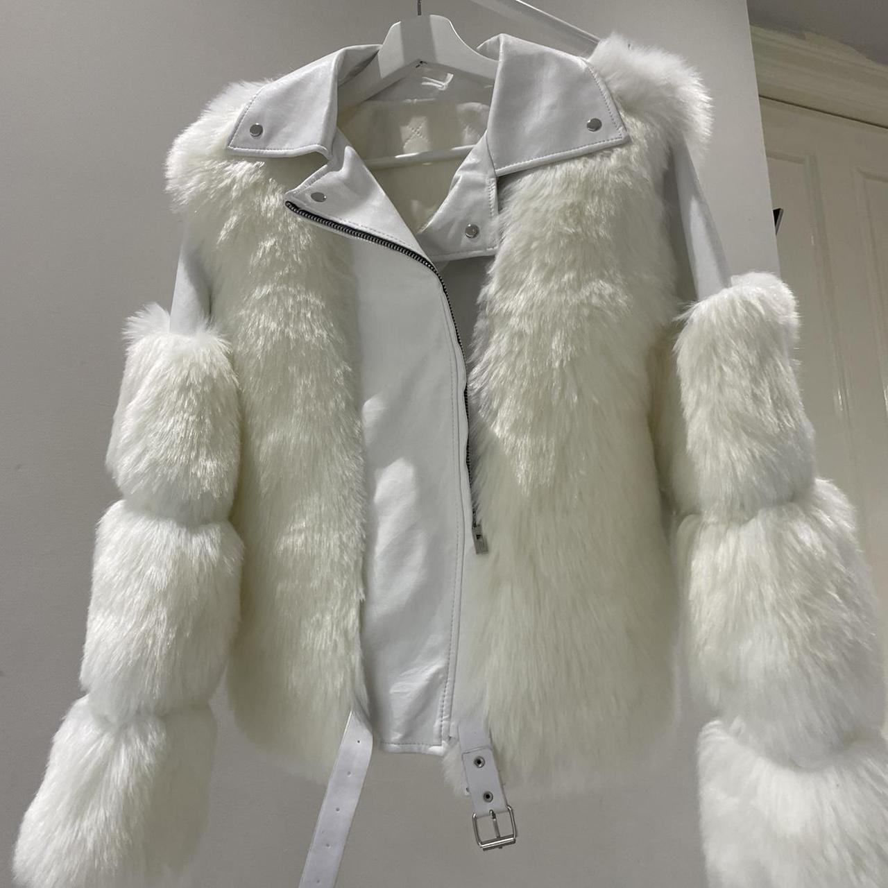 White/Cream Faux Fur & Faux Leather Biker... - Depop