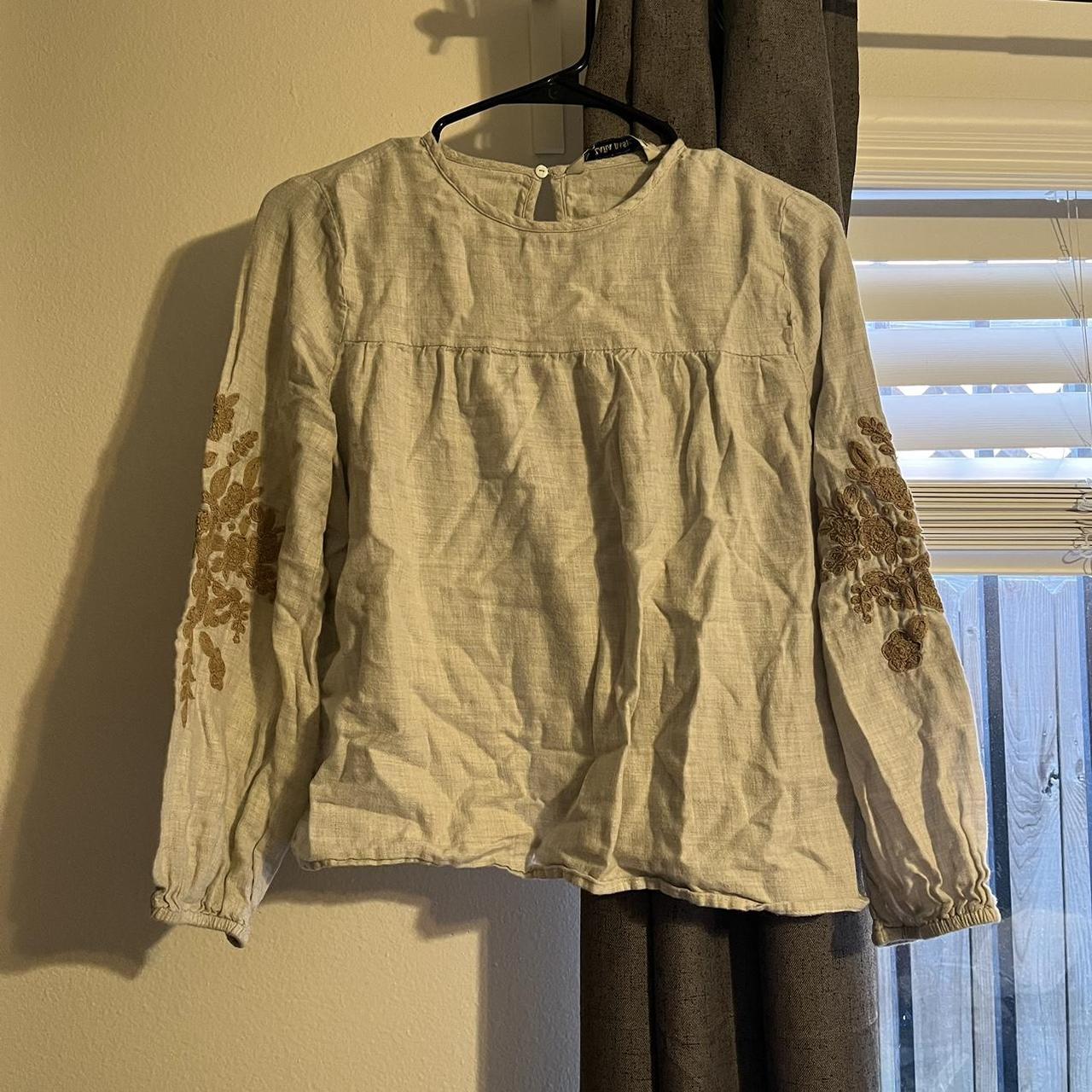 Cream/tan Zara linen blouse with elastic gathered... - Depop