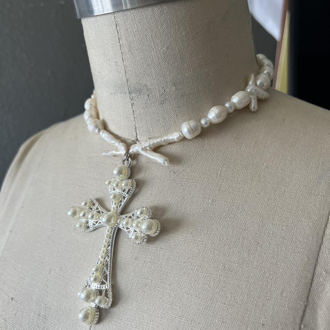 Renaissance cross freshwater Pearl necklace 🖤... - Depop