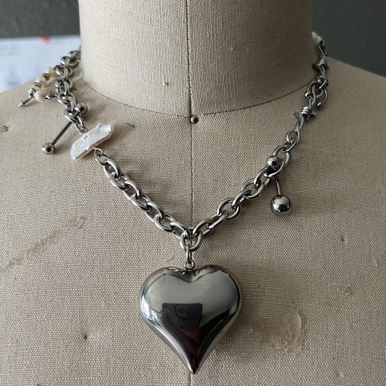 Silver puffy heart 🤍 link chain freshwater pearl... - Depop