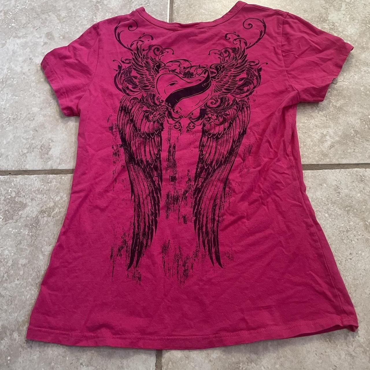 Y2k mall goth angel wing cross bedazzled tee Pink... - Depop