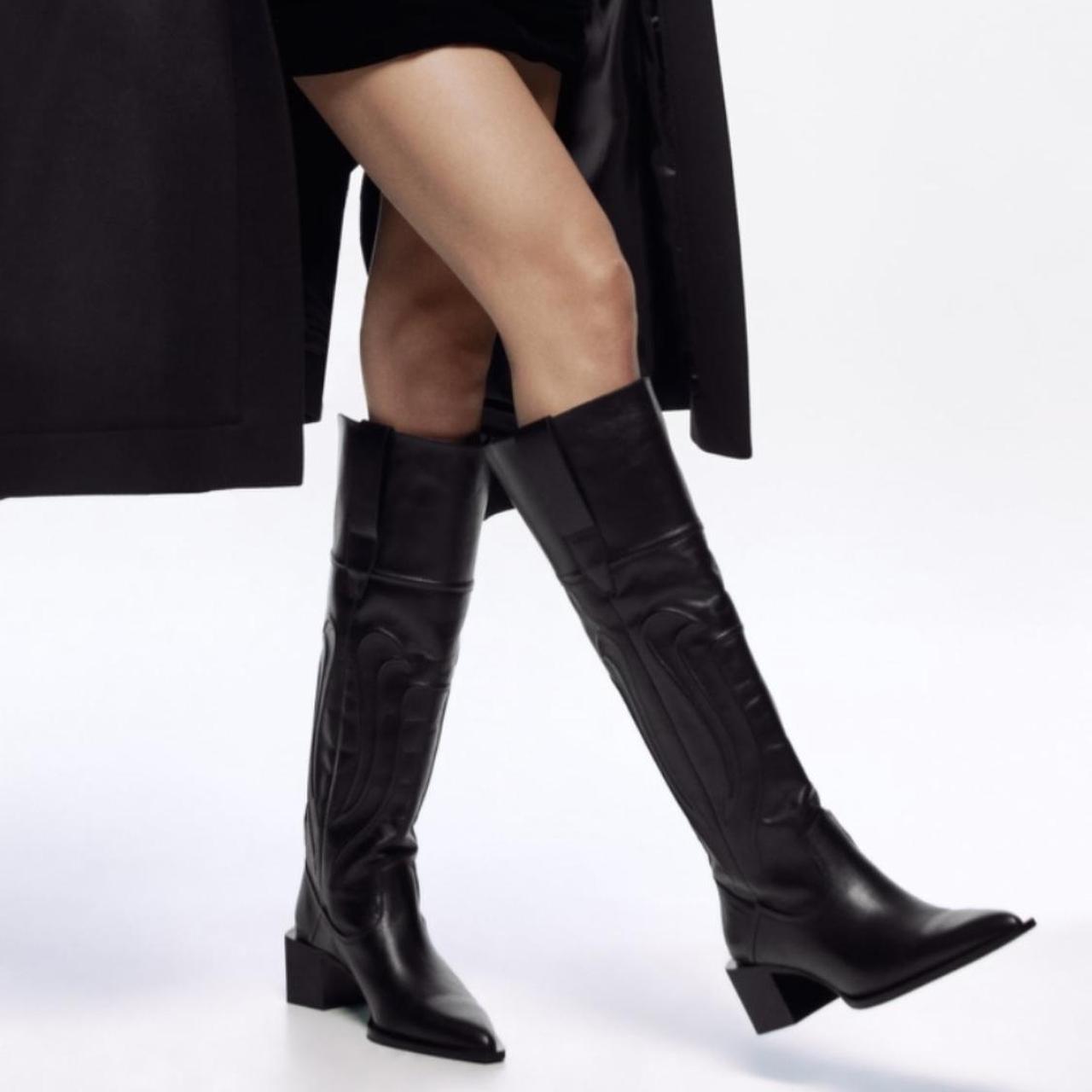 KNEE HIGH LEATHER COWBOY BOOTS Zara size 6... Depop