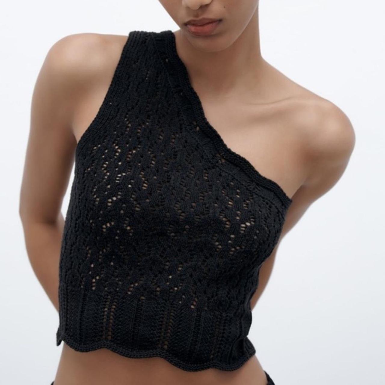 One shoulder black crochet knit top from ZARA