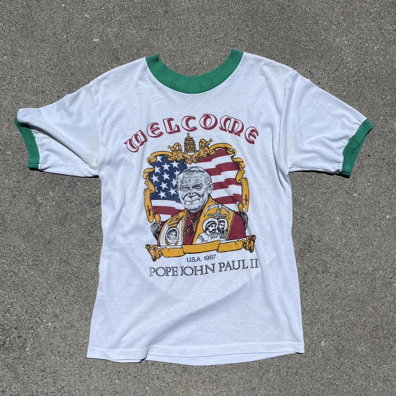 Vintage 1980s Pope St. John Paul Ringer Tee Size... - Depop