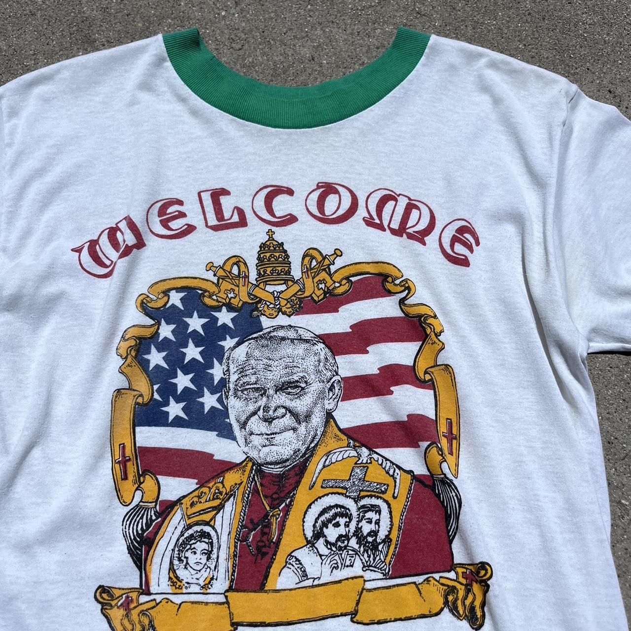 Vintage 1980s Pope St. John Paul Ringer Tee Size... - Depop