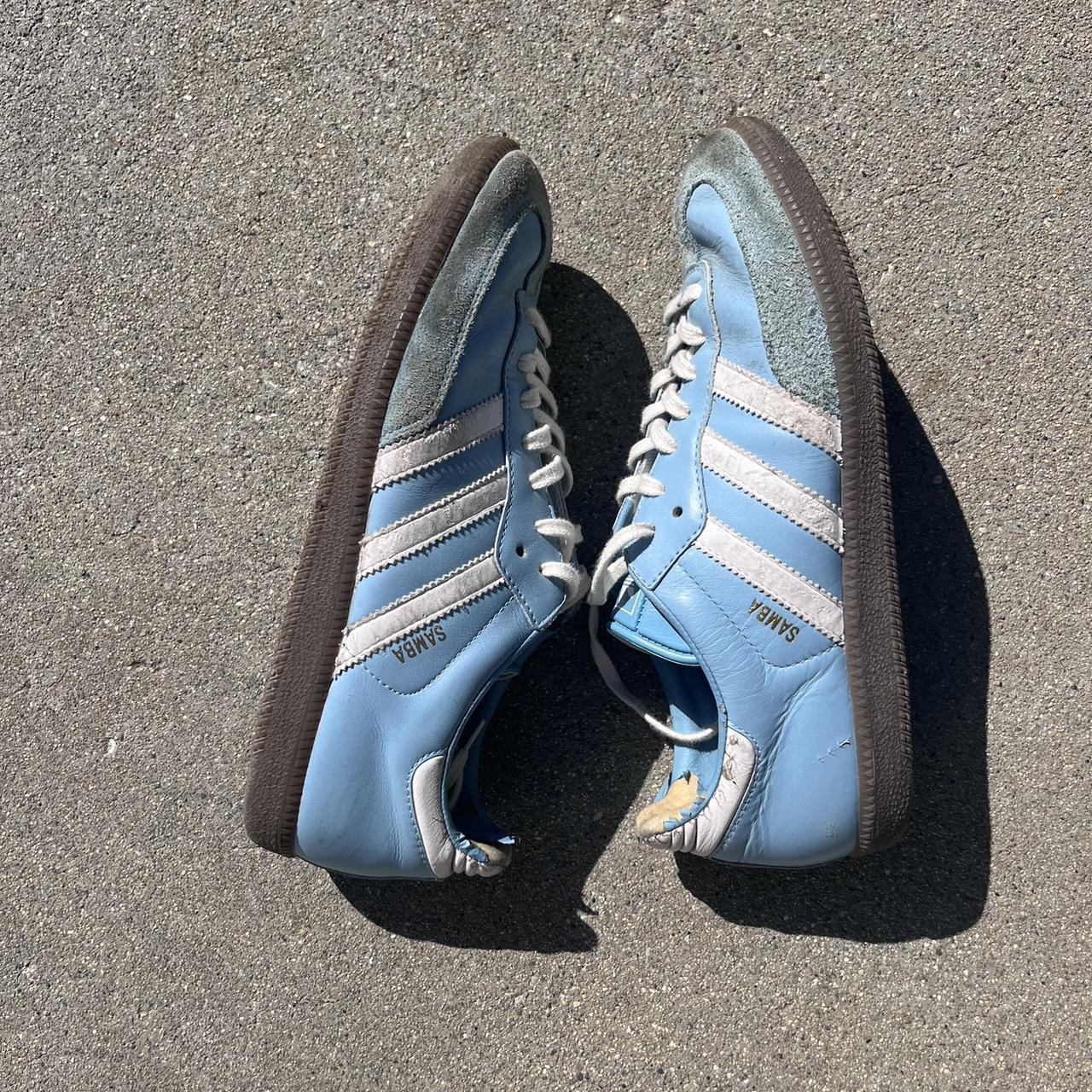 Early 200s Baby-Blue and White Leather Sambas Size... - Depop