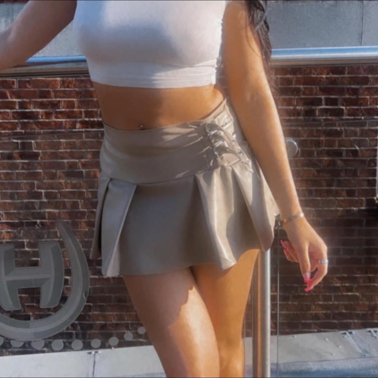 Beige, PLT leather beige skirt with buckles on the... - Depop