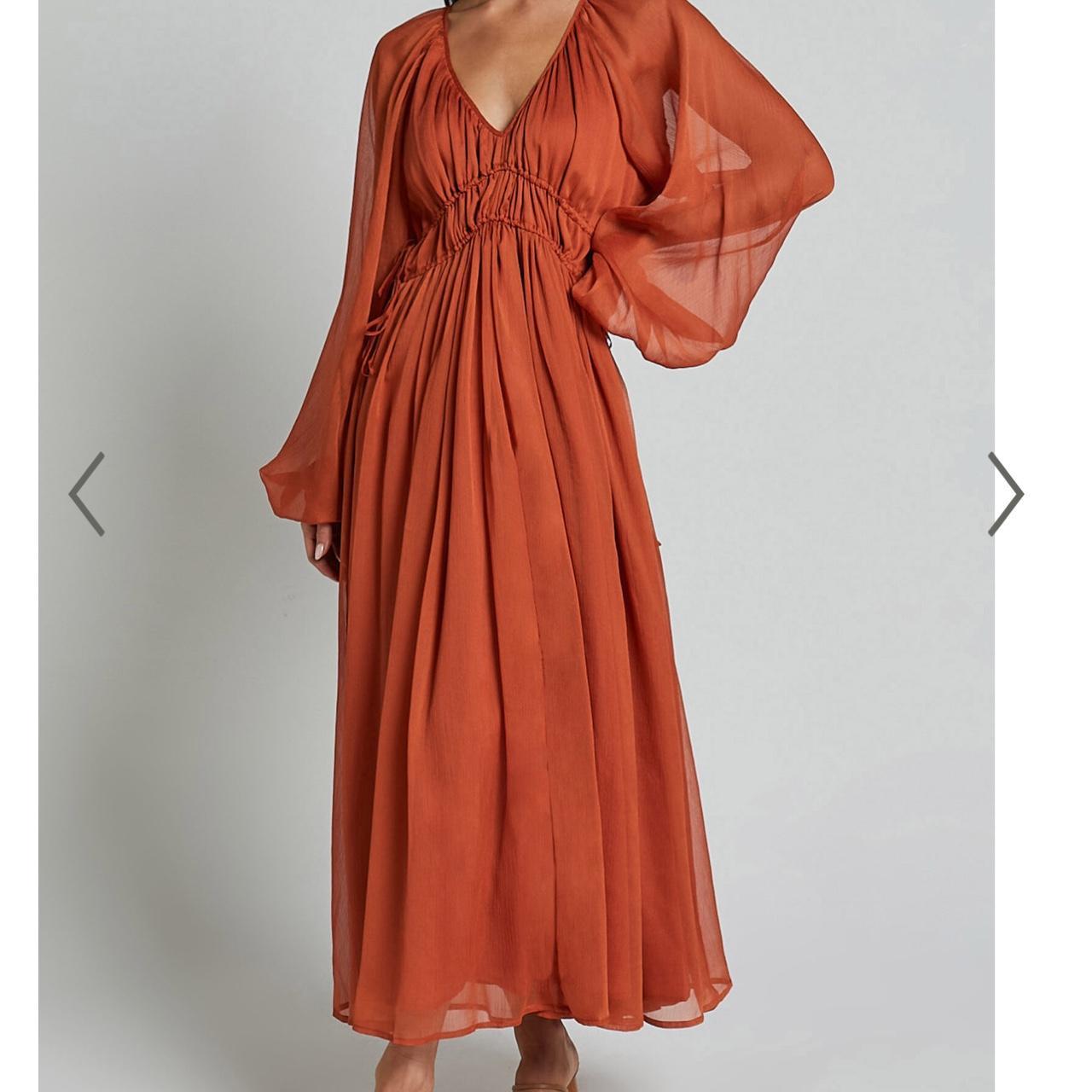 Flowy burnt orange maxi dress with mock corset style... - Depop