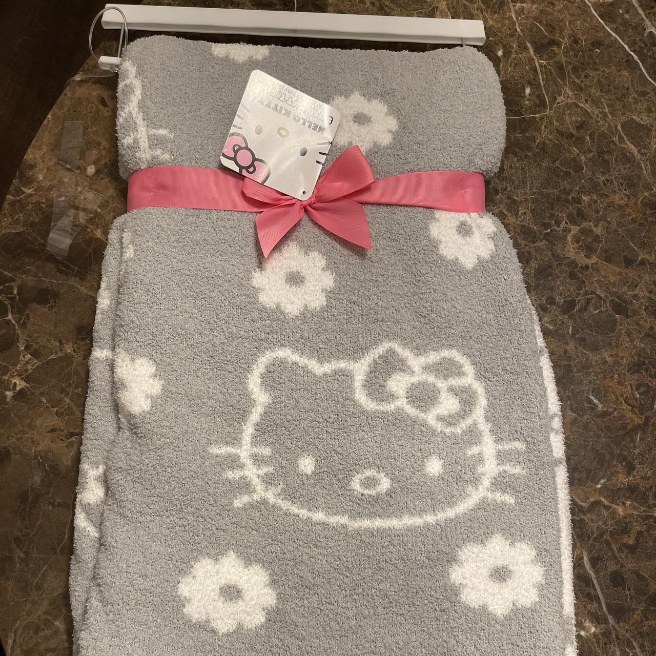 hello kitty grey flower fuzzy blanket brand new... - Depop